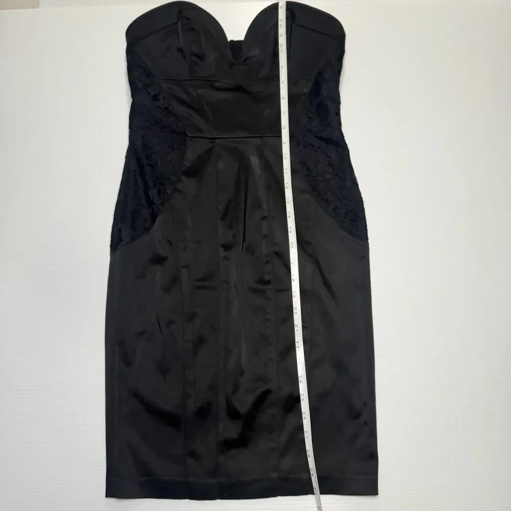bebe Strapless Black Satin Lace Sheath Dress Women’s Medium Bodycon Bombshell - Picture 6 of 16